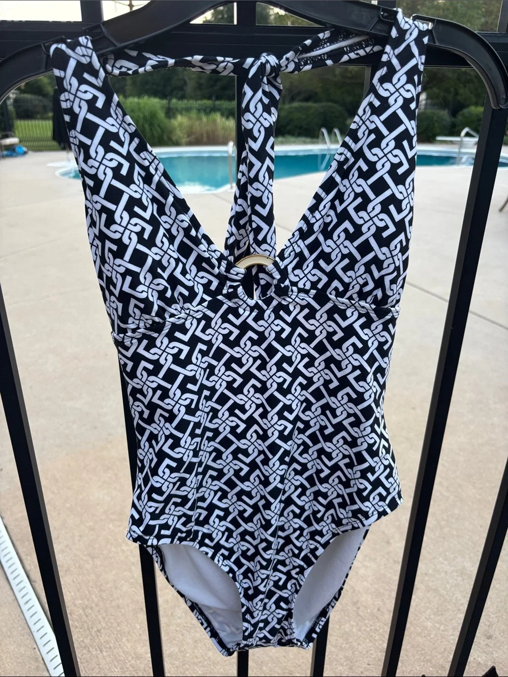 Chain  Black & White Chain-Print One-Piece Swimsuit Gold Ring at Bust